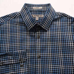 Express Shirt Men's Medium 15-15.5 Button Fitted Long Sleeve Plaid Check Blue